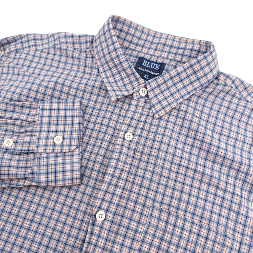 BLUE Saks Fifth Avenue Shirt Mens XL Blue Plaid Cotton Lightweight Long Sleeve